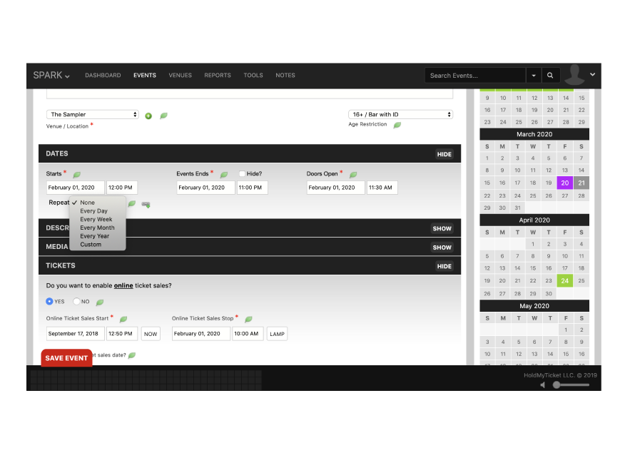 HoldMyTicket Repeating Events Interface